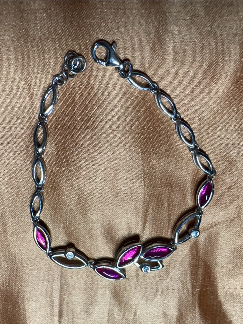 Sterling Silver Link Bracelet with Pink Marquise Stones